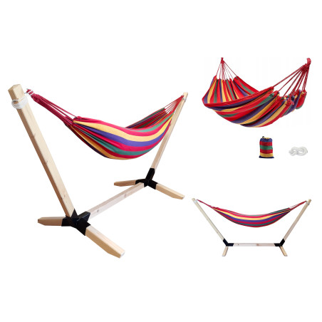 Hamak dwuosobowy na drewnianym stelażu czerwony