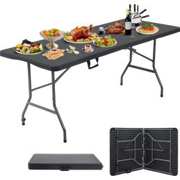 Zestaw mebli cateringowych stół + 2 ławki składany do ogrodu prostokątny tworzywo sztuczne kolor czarny