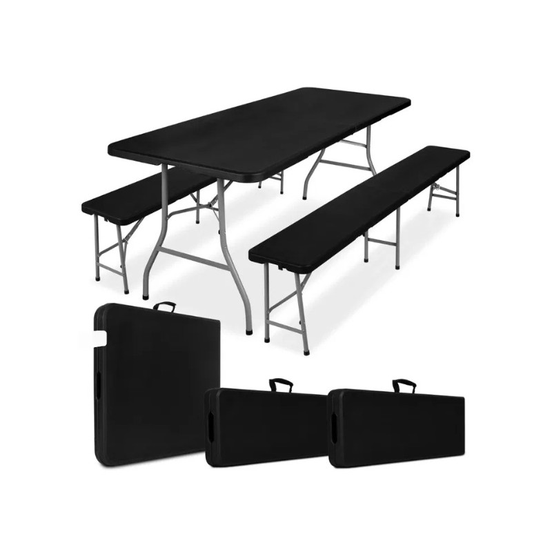 Zestaw mebli cateringowych stół + 2 ławki składany do ogrodu prostokątny tworzywo sztuczne kolor czarny