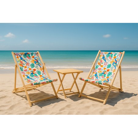 Wakacyjna Strefa Komfortu – 2 Leżaki z Drewnianym Stolikiem składanym BOHO