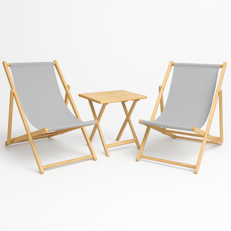 Wakacyjna Strefa Komfortu – 2 Leżaki z Drewnianym Stolikiem składanym Szary