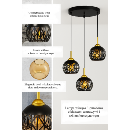 Lampa sufitowa loft AT16-3SZ-Black z bursztynowymi kloszami