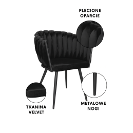 Krzesło ROSA welur plecione na czarnych nogach