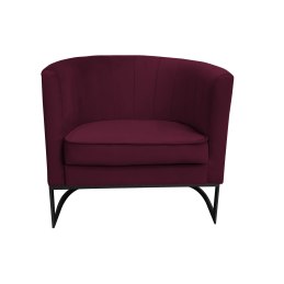Fotel Glamour z welurowej tkaniny w kolorze bordo, szeroki ściskany oparcie i metalowa czarna podstawa w kształcie łukowych nóże