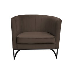 Fotel Glamour z welurowej tkaniny w kolorze brązowym, z cylindrowym oparciem i metalową czarną podstawą, stylowy i wygodny.