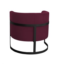 Fotel Glamour z welurowej tkaniny w kolorze burgundowy, czarna metalowa podstawa z okrągłą podstawą i szerokim oparciem.