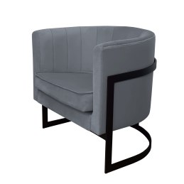Fotel Glamour z welurową tapicerką w szarym odcieniu, z czarną metalową podstawą w stylistyce art deco, półokrągłym oparciem i s