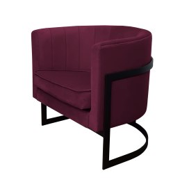 Fotel Glamour z welurową tkaniną w kolorze fioletowym, obitym bokiem czarnym/frameworkiem, metalowa podstawa w kształcie łuku.