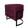 Fotel Glamour z welurową tkaniną w kolorze fioletowym, obitym bokiem czarnym/frameworkiem, metalowa podstawa w kształcie łuku.