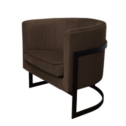 Fotel Glamour z welurowej tkaniny w kolorze brązowym, o okrągłej, wypukłej formie, metalowej czarnej podstawie z prostymi ramami