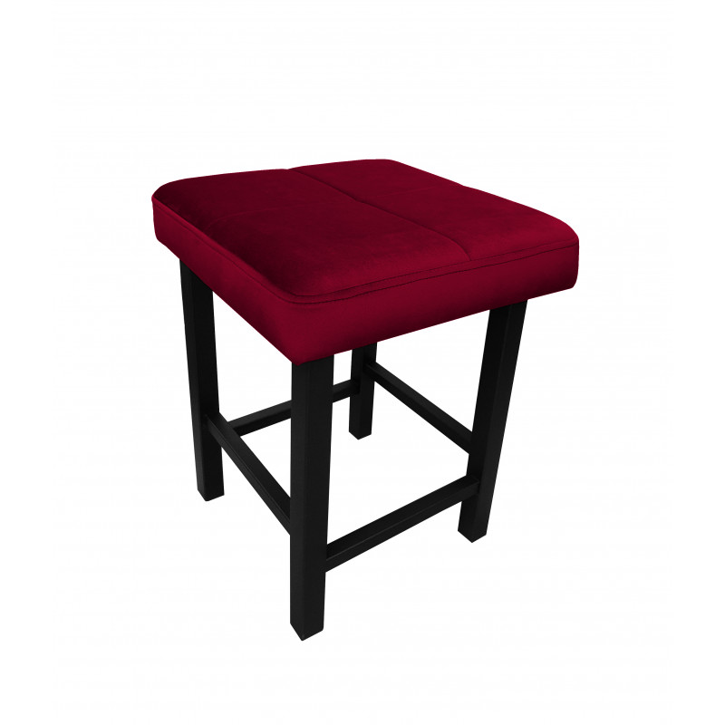 Taboret Loftowy z czerwonym welurowym siedziskiem i czarną metalową konstrukcją, klasyczny stołek barowy loftowy.