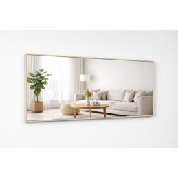 Lustro podłogowe czarne ZJ-02 wolnostojące, szerokie 165x50 cm, odbija minimalistyczny salon z sofą, stolikiem i rośliną.